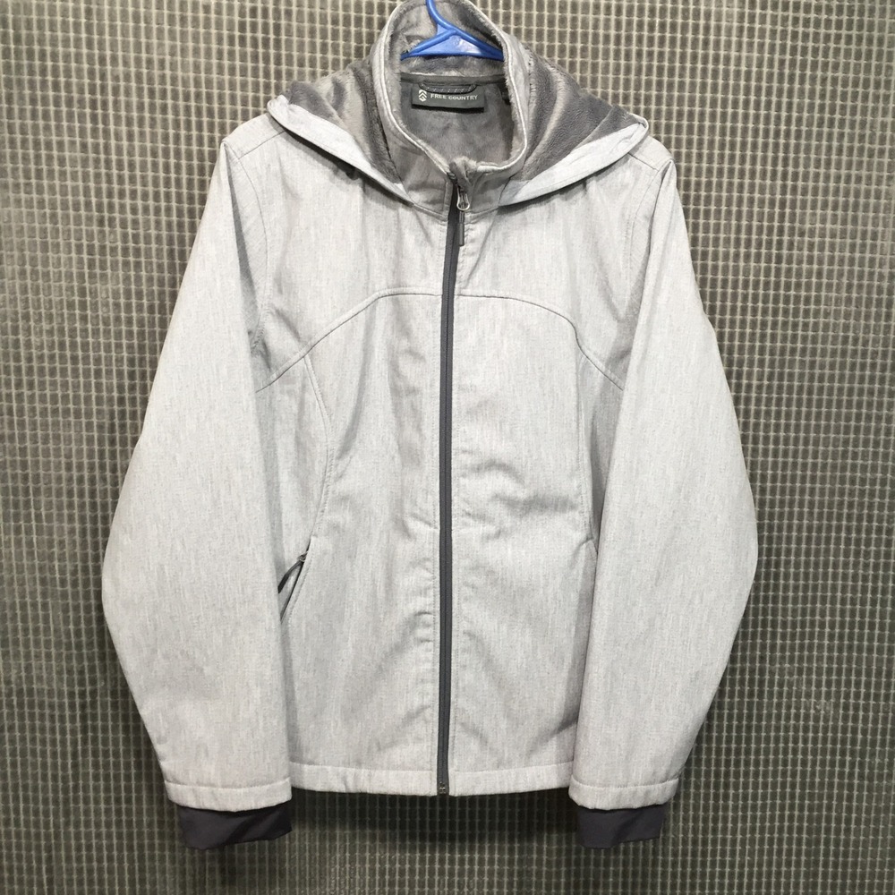 Free Country Women Jacket Softshell Faux Fur Lined Hooded XL Gray